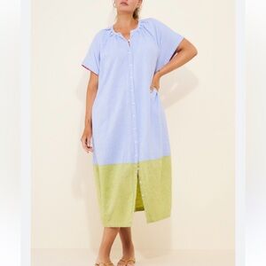 ANTHROPOLOGIE BLUE GREEN BUTTON DOWN LINEN BLEND MAXI DRESS SMALL